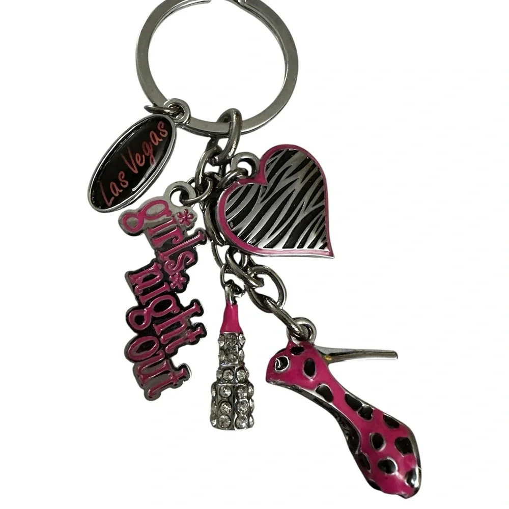 Las Vegas Girls Night Out key chain Silver tone Heart/Heel/Lipstick